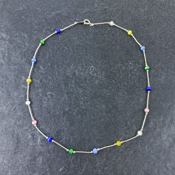 New Sterling Silver 925 Multicolor Synthetic Cat's Eye Beaded Necklace 15.75" - Picture 3 of 5